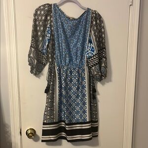 LOFT Blue and White V-Neck Sundress with Bishop Sleeves